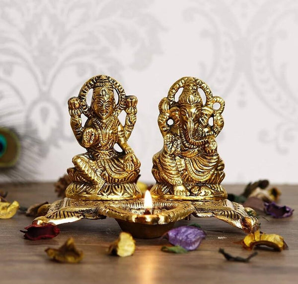 MAJIK Metal Lakshmi Ganesha Idol with Diya for Diwali Puja and Home Showpiece and Diwali and Festival Season Gift Item Gifting