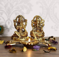 MAJIK Metal Lakshmi Ganesha Idol with Diya for Diwali Puja and Home Showpiece and Diwali and Festival Season Gift Item Gifting