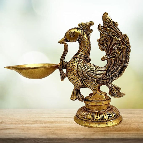 MohanJodero Elegant Brass Peacock Antique Diya