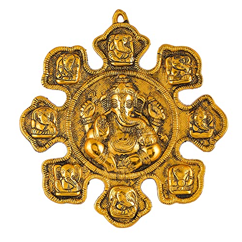 Piepot Metal Lord Ganesha Statue--Ganesha Reading Ramanaya Idol Hindu Gold Sitting on Chair Idol Sculpture for Home Decor (Wall Hanging Ganesh Round Design)
