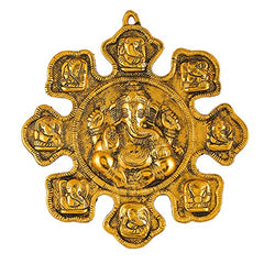 Piepot Metal Lord Ganesha Statue--Ganesha Reading Ramanaya Idol Hindu Gold Sitting on Chair Idol Sculpture for Home Decor (Wall Hanging Ganesh Round Design)