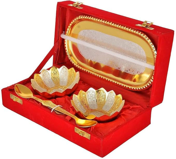 FUSION WORK DESIGN Silver-Golden Plated Bowl Set with Tray & 2 Spoons | Bowl Set of 2 Pieces for Dessert Dry Fruits Serving | Housewarming/Wedding Return Gifts