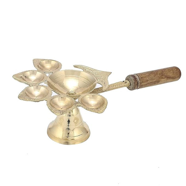 SIYAA Woodan Panch Aarti Diya for Home, Brass Diya for Puja, Panch Deepak Aarti for Mandir, Decorations Items for Home,100 Gram, (Pack of 1)
