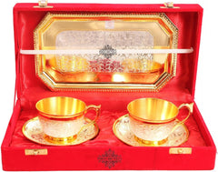 Indian Art Villa Set of 2 Silver Pleated Gold Polished Silver Plated Set of 2 Cup Sauccers with 1 Tray - Serving Tea Tableware Home Hotel Gift item Decorative