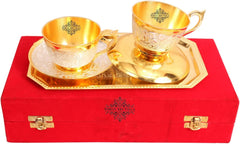 Indian Art Villa Set of 2 Silver Pleated Gold Polished Silver Plated Set of 2 Cup Sauccers with 1 Tray - Serving Tea Tableware Home Hotel Gift item Decorative