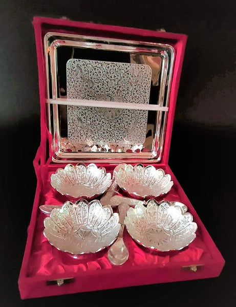 Urja Utsav Silver Plated Floral Decorative 4 Bowls & Tray with Spoon Set, Packed in Velvet Box, Silver