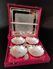 Urja Utsav Silver Plated Floral Decorative 4 Bowls & Tray with Spoon Set, Packed in Velvet Box, Silver