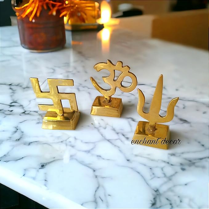 Asha Enchant Decor Om Swastik Trishool Symbol Idol Gold Plated Brass Statue Murti Home Office Temple Decorative Showpiece
