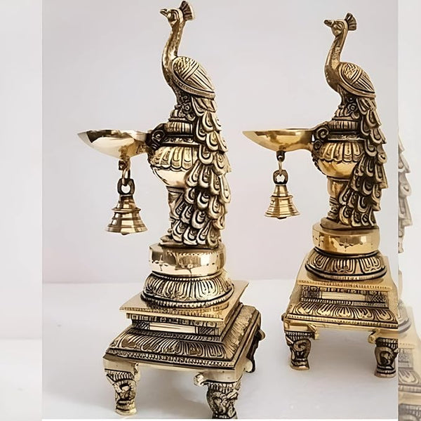ARTSIKIA Brass Golden Peacock Diya with Traditional Bell | Antique Pair of Peacock Design Deepak for Home D?cor / Temple / Pooja Ghar / Festival Gift Item / Stand Diyas / Oil Dipak ( Wt.-4Kg)