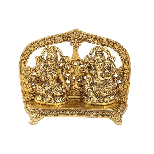 Handicrafts Paradise Metal Lakshmi Ganesh Gold Plated Seated with Arch at Back 5 Inch