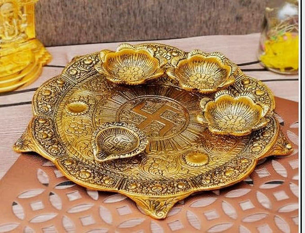 Panipat Bartan Bhandar Heavy Grade Aluminium Brass Metal Pooja Thali Set with 4 Diya Gold Embossed Swastik Puja Thali for Home,Office, Mandir. Set of 1