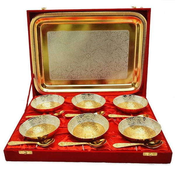 R Ayurveda Copper Silver and Gold Plated Bowl Spoon with Plate Set of 13 Pcs