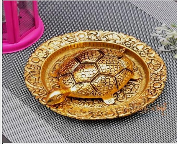 Panipat Bartan Bhandar Heavy Grade Aluminium Golden Plated Feng Shui Tortoise / Kachua Plate Showpiece, Gold- Silver, Set of 1