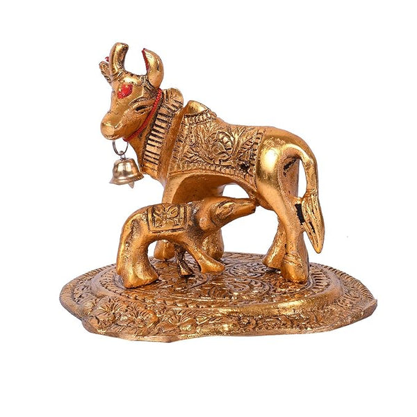 Collectible India Kamdhenu Cow with Calf Metal Statue Figurine Decorative Gift Item Showpiece for Home Decor - Diwali Decorations Religious Items for Home (Set of 5)