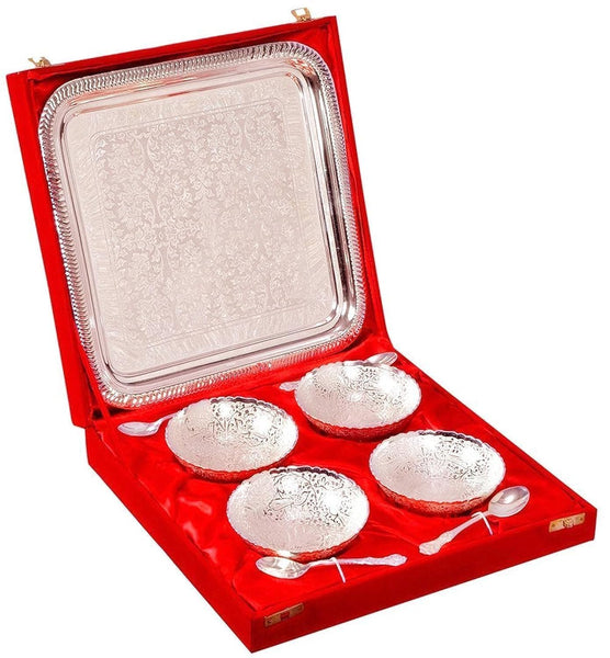 Indian Craft Villa Brass Solid Bowl Set with Tray - 100 ml, Pack of 9, Silver