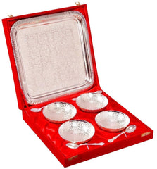 Indian Craft Villa Brass Solid Bowl Set with Tray - 100 ml, Pack of 9, Silver