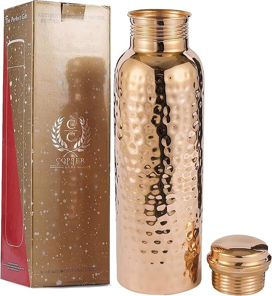Pure Copper Bottle 1000 ML for Ayurveda Health Benefit & Healing - Solid Copper Hammered Bottle for Serving Storage Water, Capacity 1 LTR - Copper Bottle for Home, Office, Hotel & A Gift