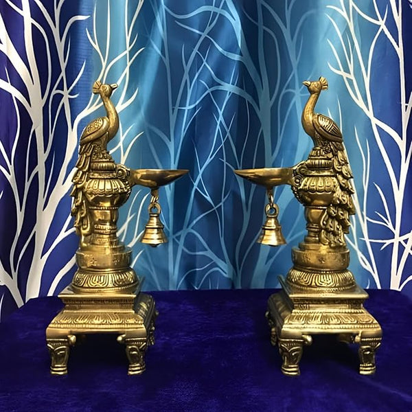 ARTSIKIA Brass Golden Peacock Diya with Traditional Bell | Antique Pair of Peacock Design Deepak for Home D?cor / Temple / Pooja Ghar / Festival Gift Item / Stand Diyas / Oil Dipak ( Wt.-4Kg)