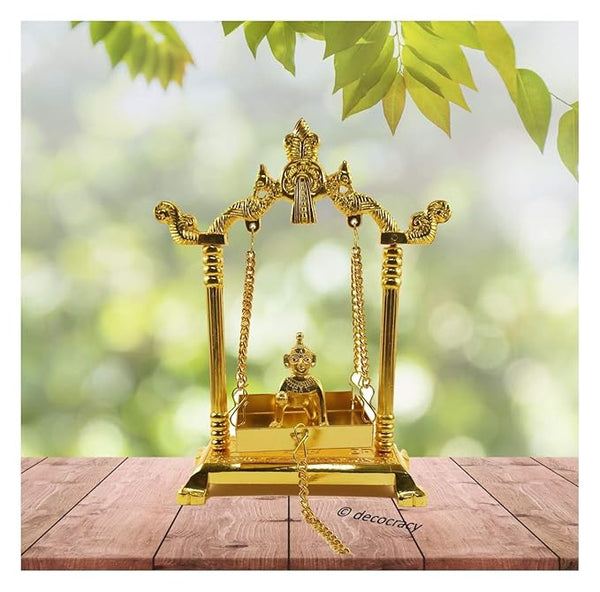 Decocracy Golden Peacock Laddu Gopal Jhula with Laddu Gopal Idol – Palna for Laddu Gopal Ji – Kanha Jhula ( Golden, 9 Inch )