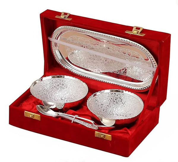 Silver Plated Bowl Sets Gift Pack with Tray and Spoon Used for Dry Fruit, Sweets and Home Decor with Velvet Box Birthday, Anniversary, Return Gift Items.