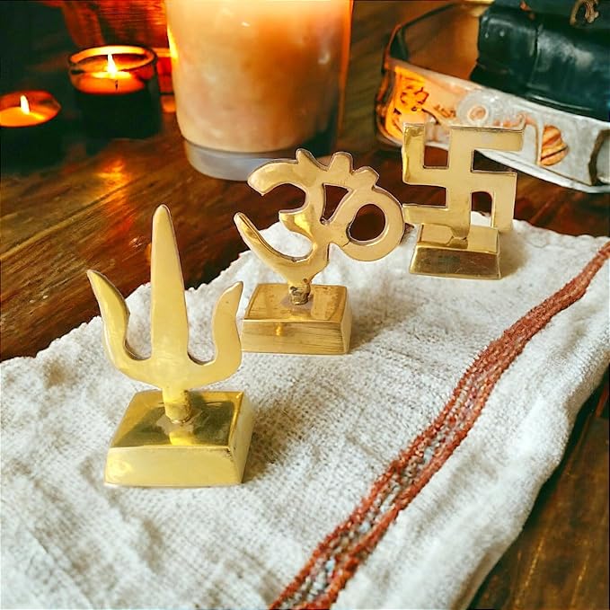 Asha Enchant Decor Om Swastik Trishool Symbol Idol Gold Plated Brass Statue Murti Home Office Temple Decorative Showpiece