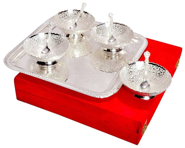 Indian Craft Villa Brass Solid Bowl Set with Tray - 100 ml, Pack of 9, Silver