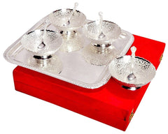 Indian Craft Villa Brass Solid Bowl Set with Tray - 100 ml, Pack of 9, Silver