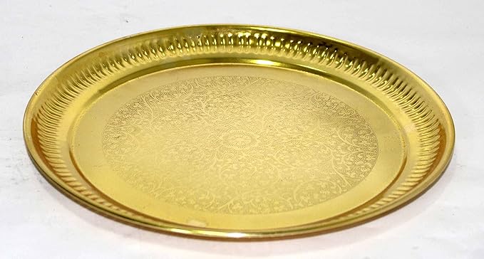 Fabrilla Decorative Puja Plate/Aarti Thali/Stainless Steel Pooja plate, color- golden, 9.5" dia
