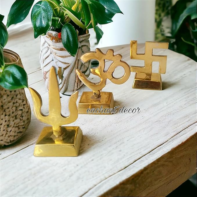 Asha Enchant Decor Om Swastik Trishool Symbol Idol Gold Plated Brass Statue Murti Home Office Temple Decorative Showpiece