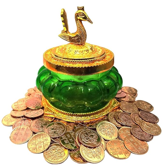 Piepot Akshaya kubera Lakshmi Pot toughened Glass Pooja Articles-Gold Plated Green Coloured Kubera Pot (GREEN Kubera pot)