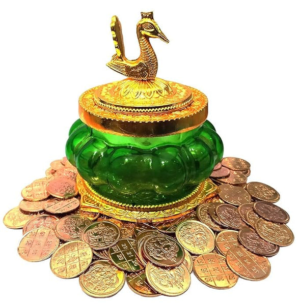 Piepot Akshaya kubera Lakshmi Pot toughened Glass Pooja Articles-Gold Plated Green Coloured Kubera Pot (GREEN Kubera pot)