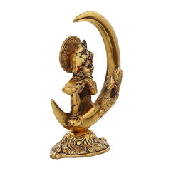 Handcrafted Lord Krishna Idol Playing Flute and Sitting On Half Moon Decorative Showpiece for Home Decor - Ideal Gift for Krishna Janmashtami, Housewarming, Wedding