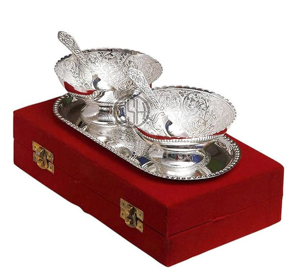 Silver Plated Bowl Sets Gift Pack with Tray and Spoon Used for Dry Fruit, Sweets and Home Decor with Velvet Box Birthday, Anniversary, Return Gift Items.