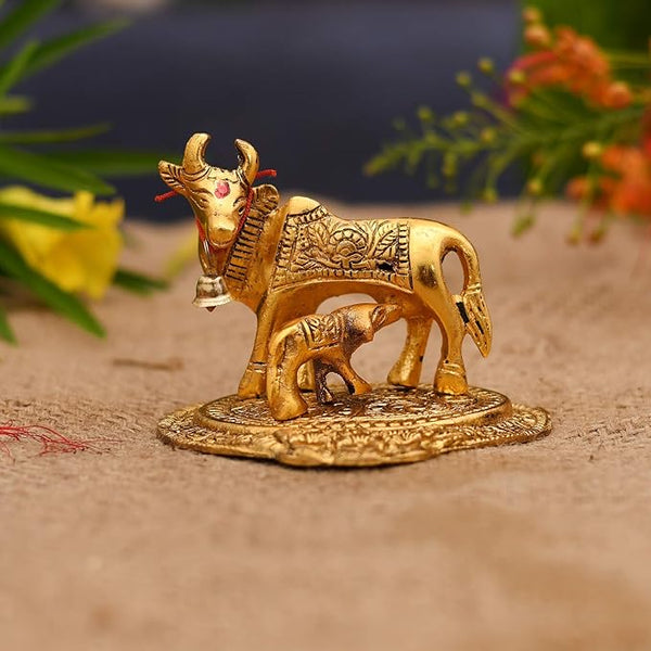 Collectible India Kamdhenu Cow with Calf Metal Statue Figurine Decorative Gift Item Showpiece for Home Decor - Diwali Decorations Religious Items for Home (Set of 5)