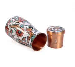 RUSTIC RELICS Meena Print Copper Water Bottle Jar - 1L | With Inbuit Glass In Lid | Beautiful And Elegant Meena Print Design | Kitchen And Bedroom Sugar Water Storage Pot