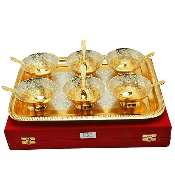 R Ayurveda Copper Silver and Gold Plated Bowl Spoon with Plate Set of 13 Pcs