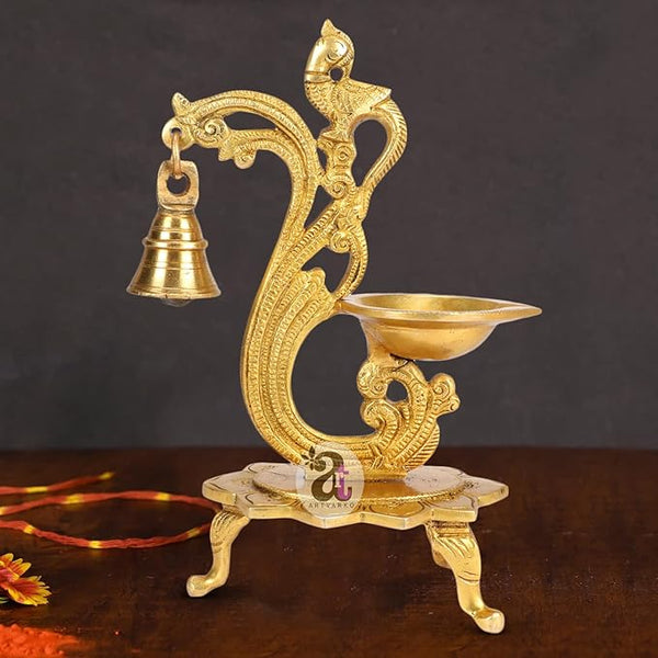 ARTVARKO Brass Bird Peacock Traditional Hanging Bell Diya Oil Lamp Stand Diwali Puja Home Office Temple, 8 Inches