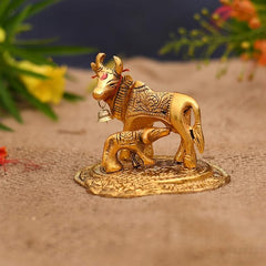 Collectible India Kamdhenu Cow with Calf Metal Statue Figurine Decorative Gift Item Showpiece for Home Decor - Diwali Decorations Religious Items for Home (Set of 5)