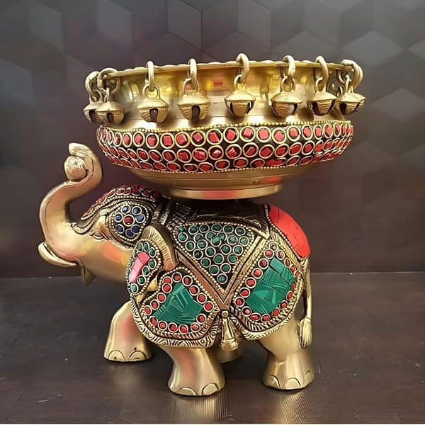 ARTSIKIA Brass Elephant Urli | Floral and Candles Decor | Gemstone Decorative Bowl | Home Decor | Gift Item | L x W X H - 7.5 x 7 x 7 inch, Wt. - 3.2 kg