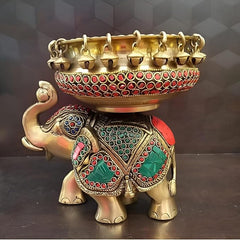 ARTSIKIA Brass Elephant Urli | Floral and Candles Decor | Gemstone Decorative Bowl | Home Decor | Gift Item | L x W X H - 7.5 x 7 x 7 inch, Wt. - 3.2 kg