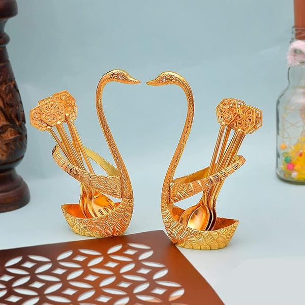 AC Anand Crafts Metal Swan Gold Plated Spoon and Fork Stand for Dining Table 6 Pc Fork and 6 Pcs Spoon Set with Stand Decorative Spoon Rest Showpiece Item for Dining Table (Gold Plated, 8 X 5 X 17 cm)