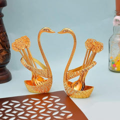 AC Anand Crafts Metal Swan Gold Plated Spoon and Fork Stand for Dining Table 6 Pc Fork and 6 Pcs Spoon Set with Stand Decorative Spoon Rest Showpiece Item for Dining Table (Gold Plated, 8 X 5 X 17 cm)