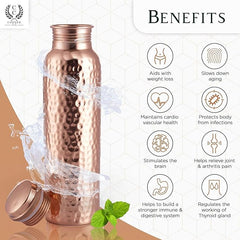 Pure Copper Bottle 1000 ML for Ayurveda Health Benefit & Healing - Solid Copper Hammered Bottle for Serving Storage Water, Capacity 1 LTR - Copper Bottle for Home, Office, Hotel & A Gift