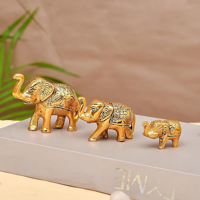 Set of 3 Golden Metal Upper Trunk Elephant Lucky Figurine for Home and Office Decor Elephant Showpiece Statue