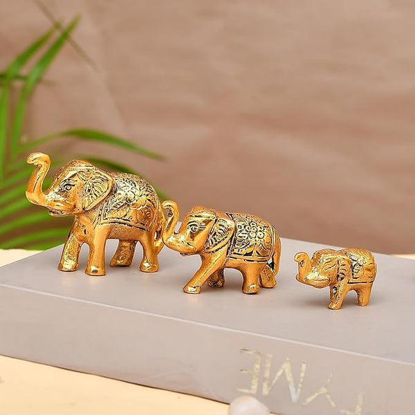 Set of 3 Golden Metal Upper Trunk Elephant Lucky Figurine for Home and Office Decor Elephant Showpiece Statue