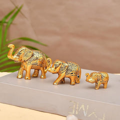 Set of 3 Golden Metal Upper Trunk Elephant Lucky Figurine for Home and Office Decor Elephant Showpiece Statue