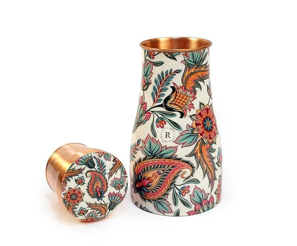 RUSTIC RELICS Meena Print Copper Water Bottle Jar - 1L | With Inbuit Glass In Lid | Beautiful And Elegant Meena Print Design | Kitchen And Bedroom Sugar Water Storage Pot