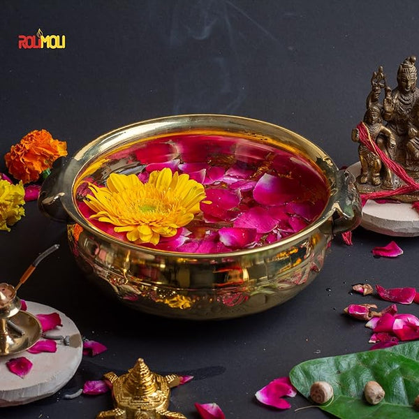 Pure Brass Design Urli Decorative Bowl Diameter 8inch Beautiful Handcrafted Bowl for Floating Flowers and Tea Light Candles Home,Office and Table Decor Special for Diwali Gift