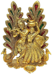 Wonder Care |Peacock Design Radha Krishna Idol Showpiece with Diya for Puja and Home Decor (8 x 6 Inches), Metal (1 Piece) (Peacock Radha Krishn)
