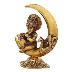 Handcrafted Lord Krishna Idol Playing Flute and Sitting On Half Moon Decorative Showpiece for Home Decor - Ideal Gift for Krishna Janmashtami, Housewarming, Wedding